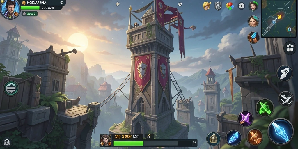 Gameplay HOKIARENA dengan pertahanan menara yang seru.