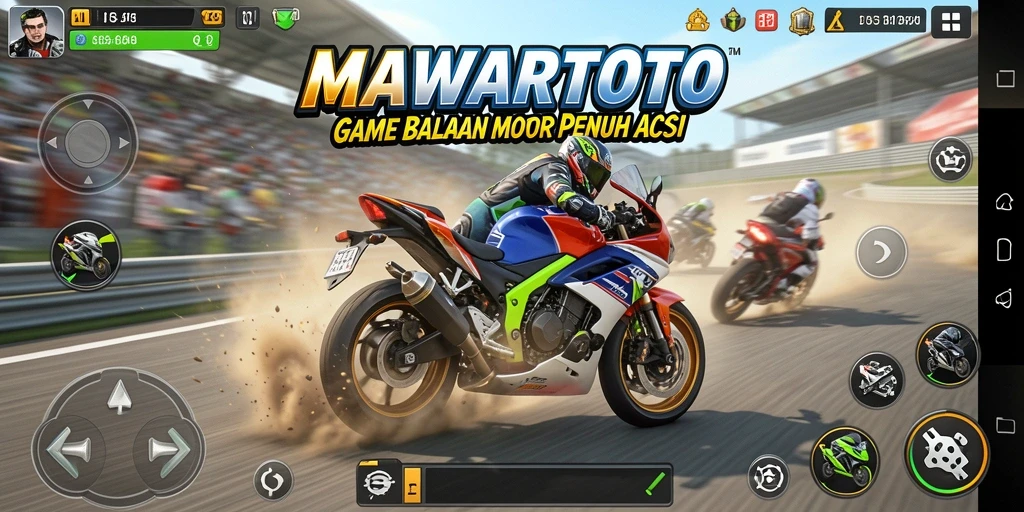 Tampilan gameplay seru di <strong>MAWARTOTO</strong> dengan motor balap yang cepat.