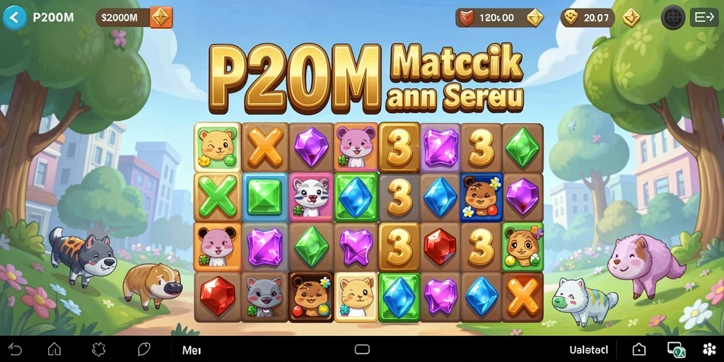 Screenshot utama P200M menampilkan gameplay Match-3 yang penuh warna.