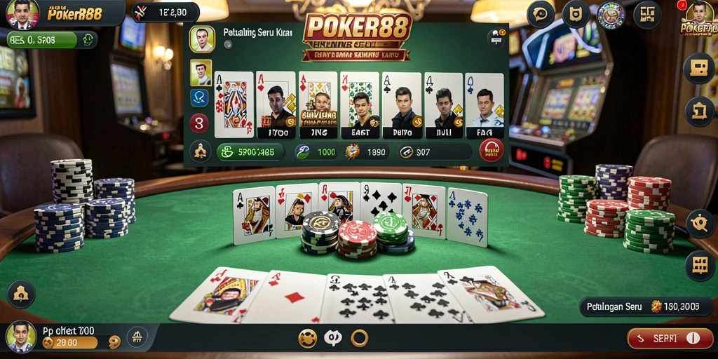 Screenshot gameplay <strong>POKER88</strong> menampilkan aksi mendebarkan dalam permainan kartu.