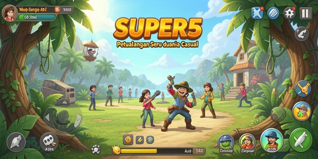 Tampilan gameplay <strong>SUPER5</strong> yang penuh warna dan seru.